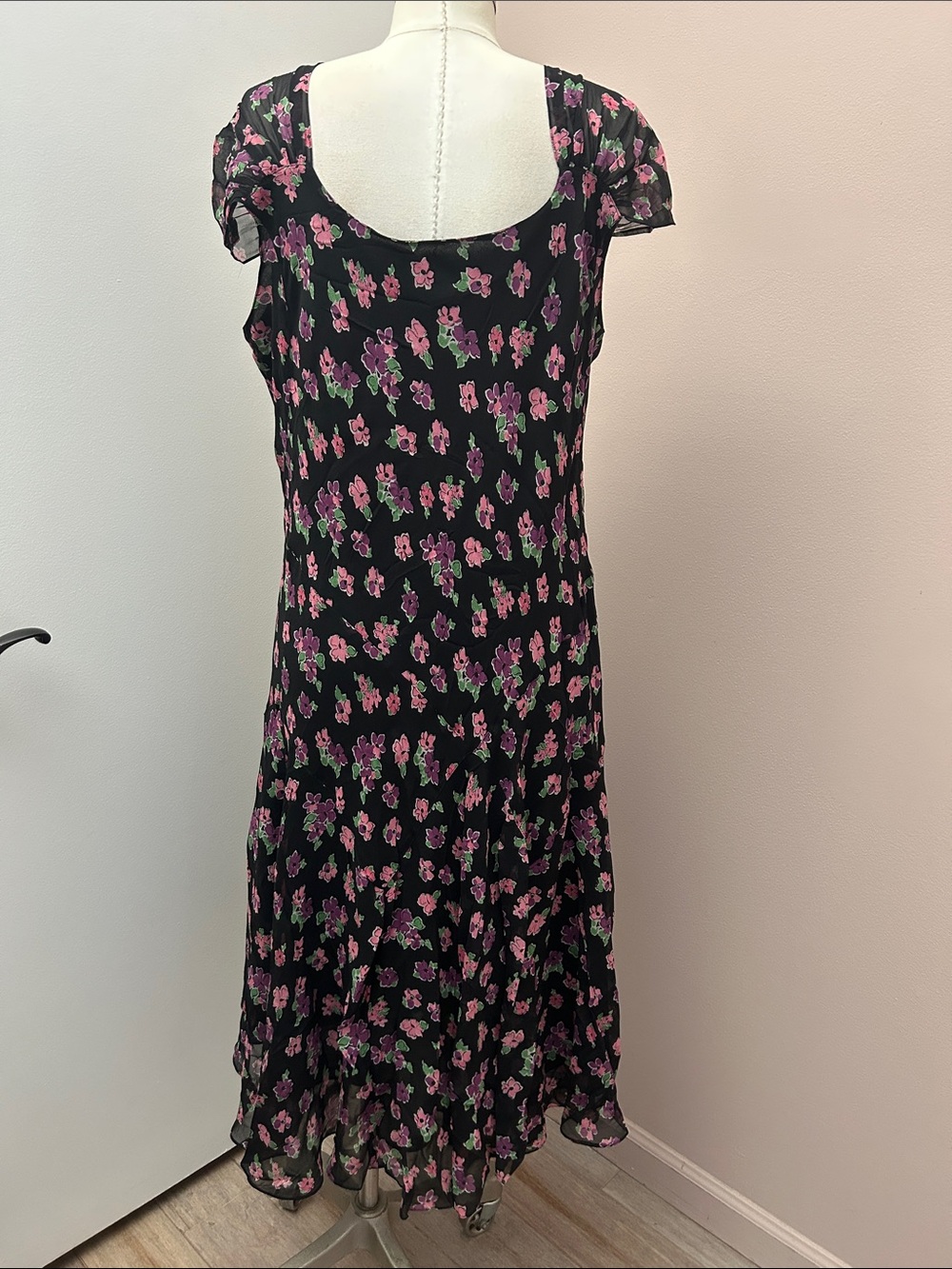 VTG Silk Chiffon Midi Dress with Pink & Green Floral Print bias-cut 16W - Picture 11 of 16